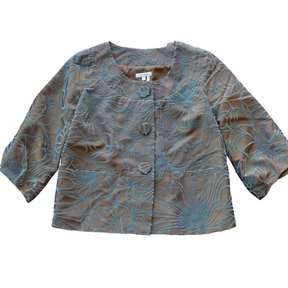 Tyler Boe Cropped Velvet Floral Buttoned Swing Jacket Brown Gray Size 4